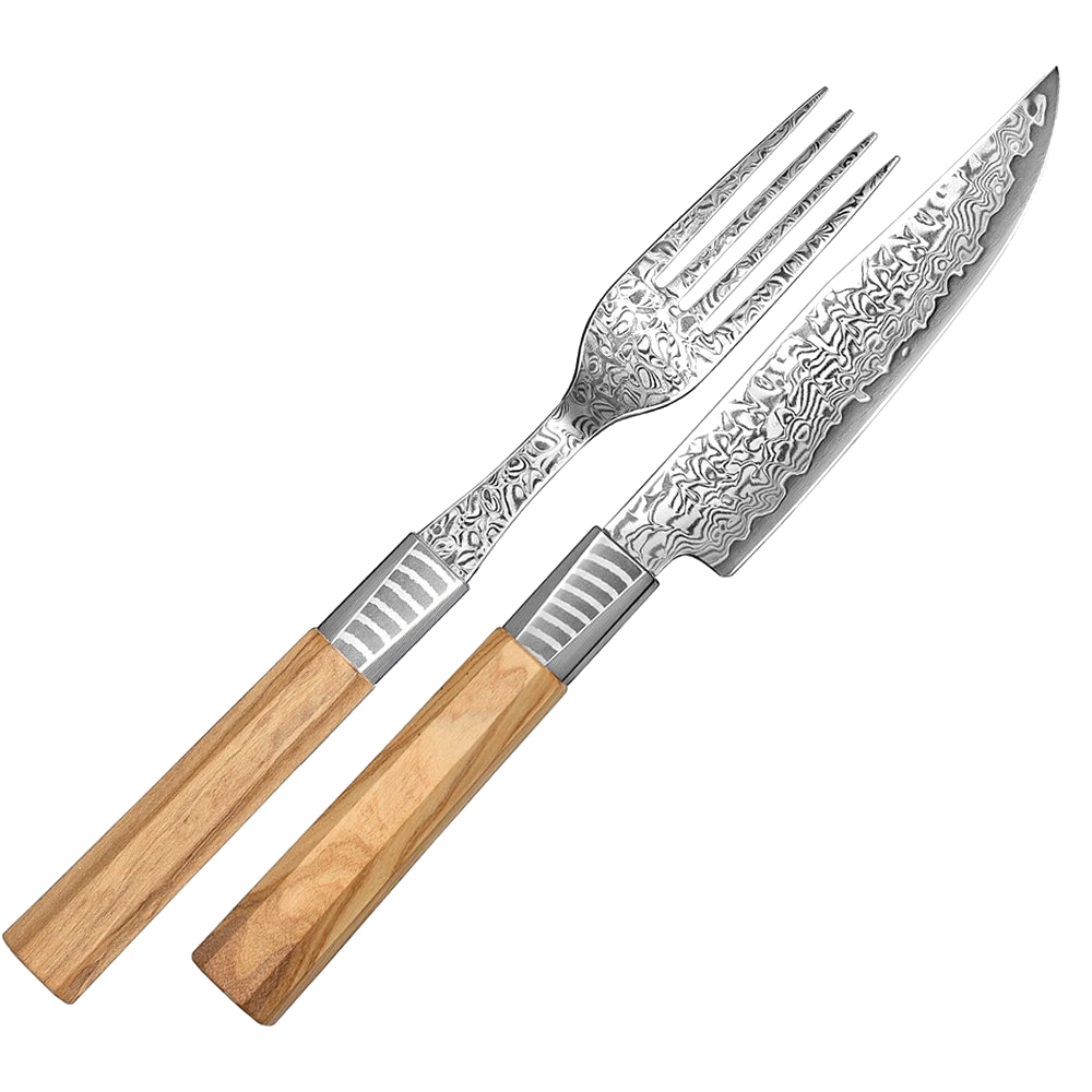 Bestiksæt Steakkniv og Gaffel med Oliventræ og Damaskus